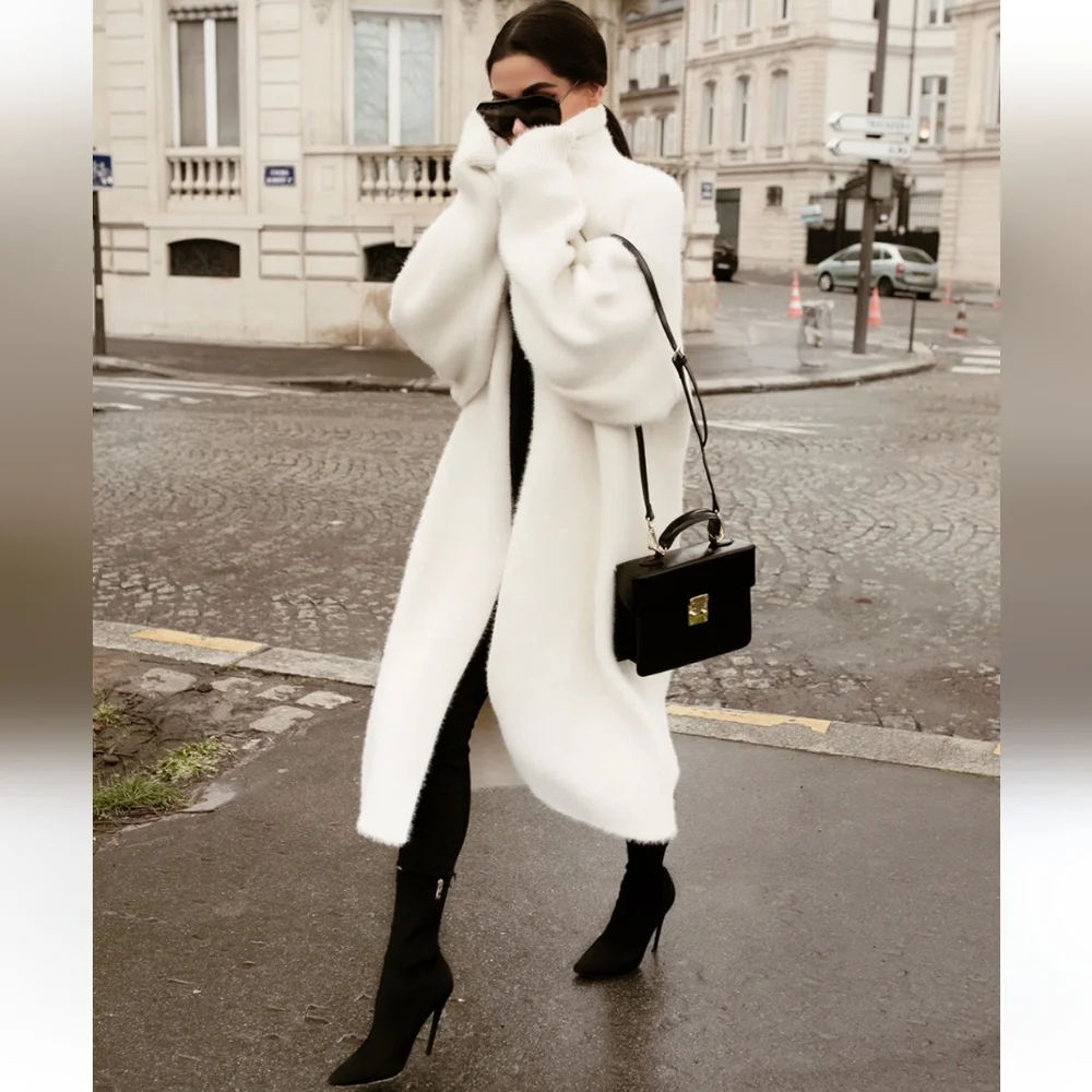 ZARA wool blend long knit coat cardigan cream